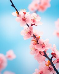 Beautiful spring flowers abstract nature background. Macro branches of blooming apricots in soft focus on a soft light blue sky background.  with copy space - generative ai