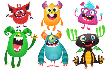 Fototapeta premium Funny cartoon monsters with different face expressions. Set of cartoon vector scary colorful monsters. Halloween design for party decoration, stickers or package