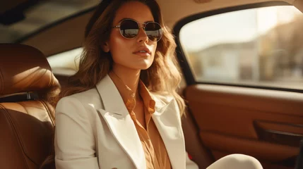 Fotobehang Stylish female model wearing a white trench coat and sunglasses sits in a brown luxury car, luxury style © Keitma