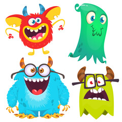 Cute cartoon Monsters. Set of cartoon monsters: goblin or troll, cyclops, ghost,  monsters and aliens. Halloween design. Vector illustration isolated