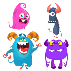 Cute cartoon Monsters. Set of cartoon monsters: goblin or troll, cyclops, ghost,  monsters and aliens. Halloween design. Vector illustration isolated