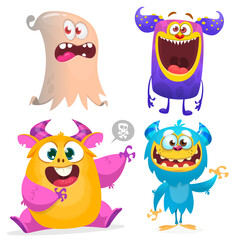Cute cartoon Monsters. Set of cartoon monsters: goblin or troll, cyclops, ghost,  monsters and aliens. Halloween design. Vector illustration isolated