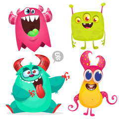 Obraz premium Cute cartoon Monsters. Set of cartoon monsters: goblin or troll, cyclops, ghost, monsters and aliens. Halloween design. Vector illustration isolated