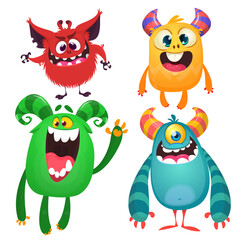 Cute cartoon Monsters. Set of cartoon monsters: goblin or troll, cyclops, ghost,  monsters and aliens. Halloween design. Vector illustration isolated