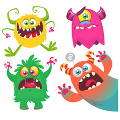 Funny cartoon monsters with different face expressions. Set of cartoon vector funny monsters characters. Halloween design for party decoration, stickers or package