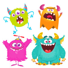 Funny cartoon monsters with different face expressions. Set of cartoon vector funny monsters characters. Halloween design for party decoration, stickers or package