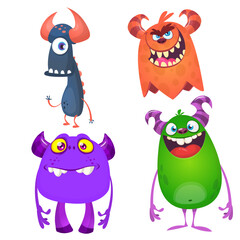 Funny cartoon monsters with different face expressions. Set of cartoon vector scary colorful monsters. Halloween design for party decoration, stickers or package