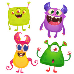Funny cartoon monsters with different face expressions. Set of cartoon vector scary monsters. Halloween design for party decoration, stickers or package