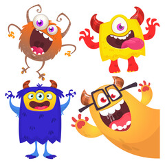 Fototapeta premium Funny cartoon monsters with different face expressions. Set of cartoon vector scary monsters. Halloween design for party decoration, stickers or package