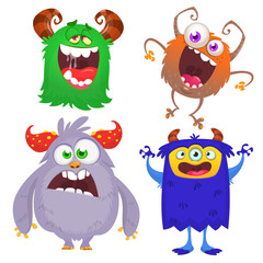 Funny cartoon monsters with different face expressions. Set of cartoon vector scary monsters. Halloween design for party decoration, stickers or package