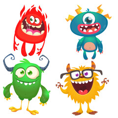 Funny cartoon monsters with different face expressions. Set of cartoon vector scary monsters. Halloween design for party decoration, stickers or package