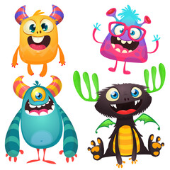 Funny cartoon monsters with different face expressions. Set of cartoon vector scary monsters. Halloween design for party decoration, stickers or package