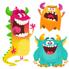 Funny cartoon monsters with different face expressions. Set of cartoon vector scary monsters. Halloween design for party decoration, stickers or package