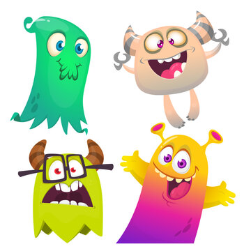 Funny cartoon monsters with different face expressions. Set of cartoon vector scary colorful monsters. Halloween design for party decoration, stickers or package