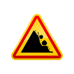 Yellow beware of rockfall mountain hill landslide natural disaster warning sign pole icon vector design