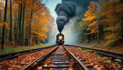 Fotobehang train tracks with steam train © stockfotocz