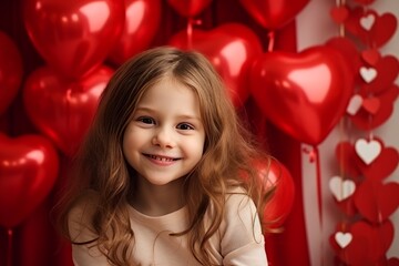 Fototapeta na wymiar Portrait of a cute little girl with red heart-shaped balloons