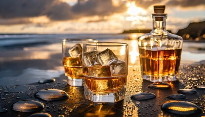 glass of Whisky on the beach - obrazy, fototapety, plakaty