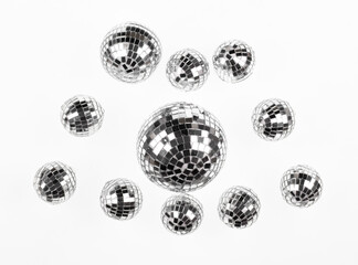 set of silver disco balls isolated on white background