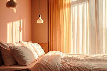 Fototapeta na wymiar Hotel room interiors with trendy Peach Fuzz color shades. Bedroom with luxurious decoration