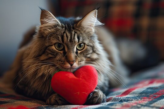 cat with plush soft red heart Lover Valentine cat with a red heart - Powered by Adobe