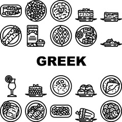 greek cuisine food salad icons set vector. greece table, mediterranean feta, meal island, dinner cheese, restaurant, oil olive greek cuisine food salad black contour illustrations