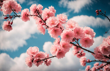 Beautiful background with a blossoming sakura branch in the early spring morning, generated by AI