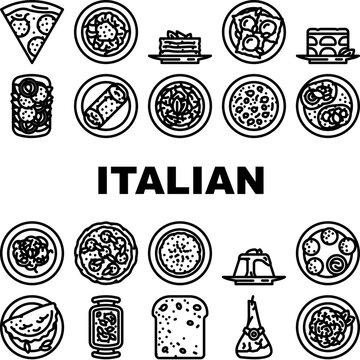 italian cuisine food pasta icons set vector. plate dinner, meal delicious, table italy, restaurant gourmet, spaghetti, vegetarian italian cuisine food pasta black contour illustrations