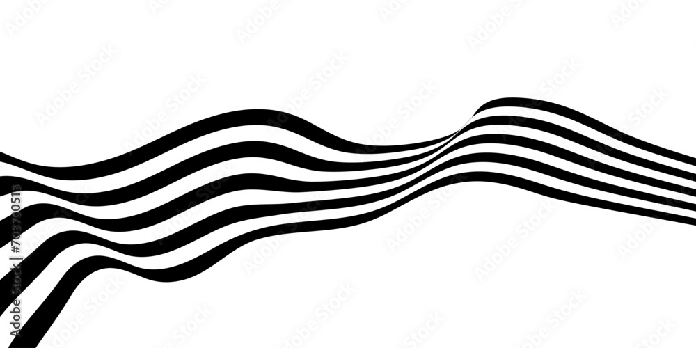 Wall mural black on white abstract perspective wave and zigzag line stripes with 3d dimensional effect isolated