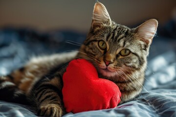 cat with plush soft red heart Lover Valentine cat with a red heart