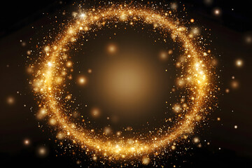 Gold glitter circle of light shine sparkles and golden spark particles in circle frame on black background. Christmas magic stars glow, firework confetti of glittery ring shimmer	