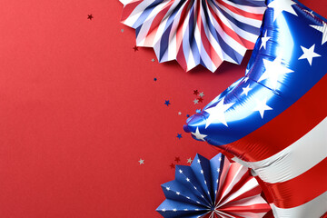 Abstract background with American flag balloon and paper fans on red background. Happy Presidents...