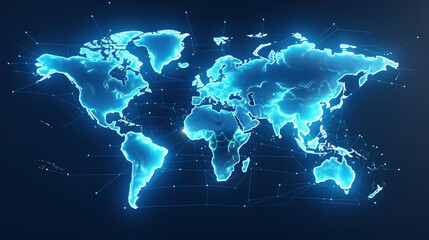 holographic of digital world map display, minimal gradient light blue background, technology
