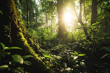 : Sunlight filtering through the dense canopy of a lush, ancient forest, illuminating vibrant green leaves and creating a play of shadows on the forest floor