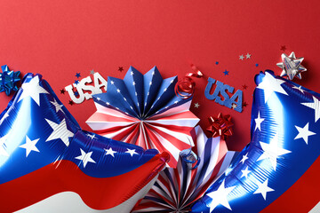 American flag balloons, paper fans, decorations on red background. Happy Presidents Day,...