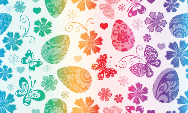 Rainbow gradient elegant spring Easter pattern with painted eggs, flowers and butterflies on a white background. Vector image