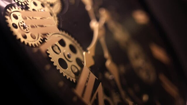 Clock wheels mechanism. 4K concept video for time passing. Clock details and how it work. New year eve countdown.