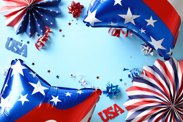 USA holiday banner design. Frame of american flag balloons, paper fans, confetti stars on blue...