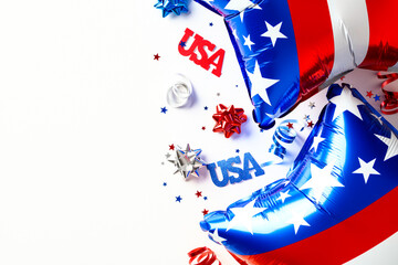 Independence day USA banner design with American flag balloons and confetti on white background....