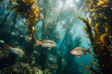 Fototapeta na wymiar : Witness a school of colorful fish weaving through an underwater garden of kelp, presenting a fantastic opportunity for wide-angle photography. Discover gear recommendations and expert advice on 