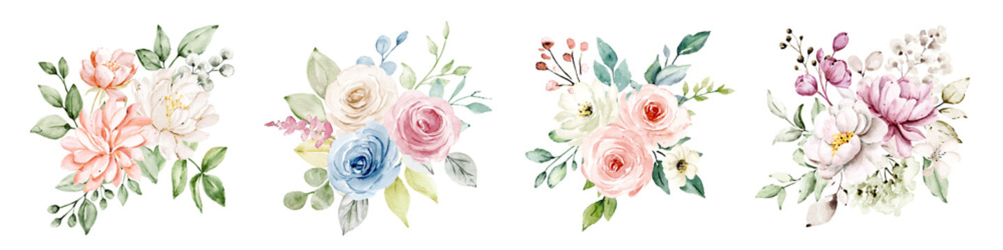 Flowers bouquets hand drawn, watercolor set floral vintage roses and peonies. Decoration for poster, greeting card, birthday, wedding design. Isolated on white background.