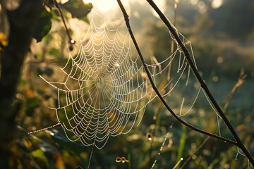 Spider web with dew, intricate, delicate, morning.