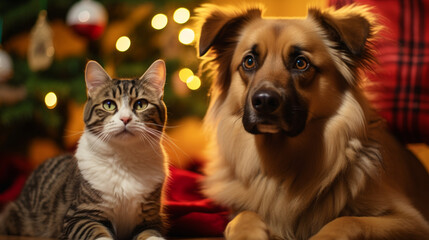 Cat and dog sit next to the christmas tree, AI Generative.