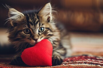 cat with plush soft red heart Lover Valentine cat with a red heart