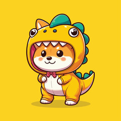 Cute Shiba Inu use Costume Yellow Dinosaurs Illustration