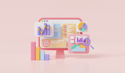 Data analytics, SEO Optimization, marketing business strategy, statistical financial information and investment, business goals. web analytics and seo marketing concept. 3d render illustration