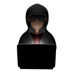 Character  hacker, online criminal. Theft and fraud via cyber or internet. Thieves or call center gangs Money transfer scam or romance scam. White background and isolated with clipping path