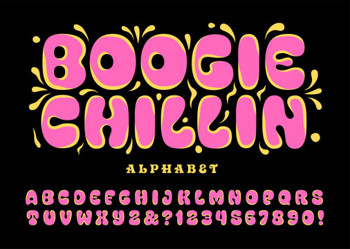 Boogie Chillin is a fat rounded retro pop psychedelic alphabet in bright pink and yellow