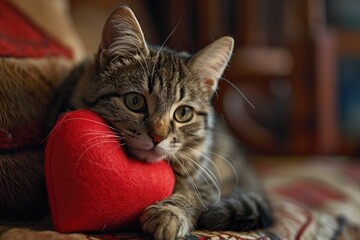 cat with plush soft red heart Lover Valentine cat with a red heart