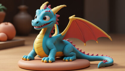 Fantasy dragon made of clay illustration. Cartoon style vivid colors.. Year 2024 Symbol art	